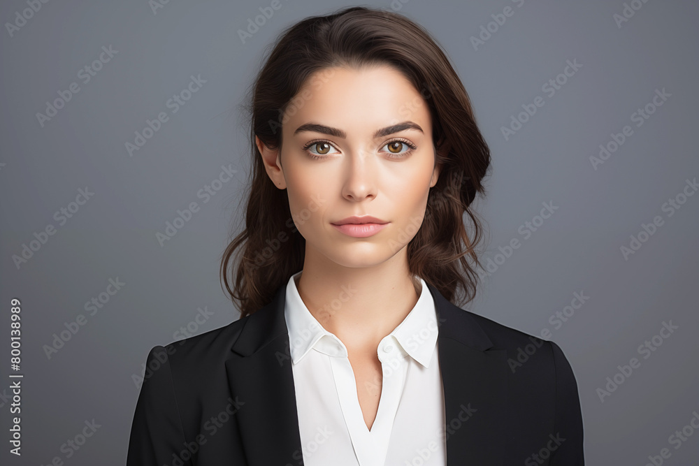 Caucasian successful confident young businesswoman ceo boss bank employee worker manager in grey background Caucasian successful confident young businesswoman ceo boss bank employee worker manager in grey background