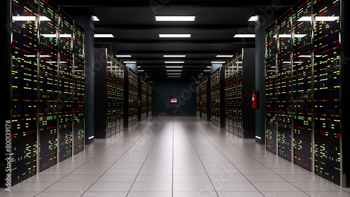 Rows of computer equipment in a dark information technology server room. 3D render.