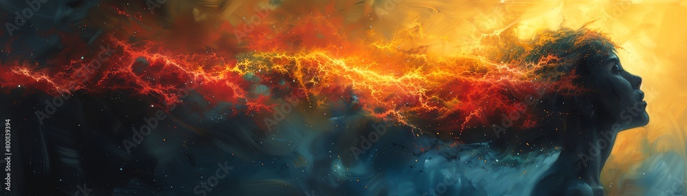 Obraz premium A woman's face is dissolving into space. Her hair is made of stars and her skin is made of galaxies.