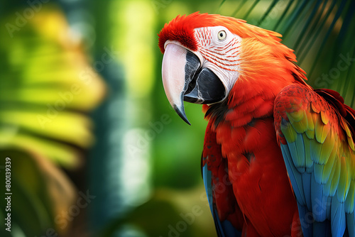 Red parrot Scarlet Macaw, Ara macao, bird sitting on the pal tree trunk. Wildlife scene from tropical forest. Beautiful parrot on green tree in nature habitat. photo