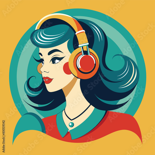 Retro girl listening music from headphone