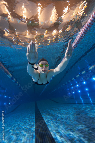 girl swimmer swims in the pool in a dark swimsuit and swimming goggles at a competition. underwater view. underwater advertising photography for swimming lessons