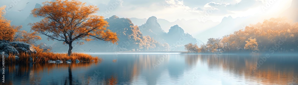 Obraz premium A beautiful lakeside landscape with a large tree in the foreground and mountains in the background