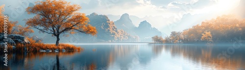 A beautiful lakeside landscape with a large tree in the foreground and mountains in the background