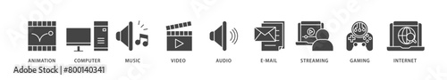 Multimedia icons set collection illustration of e mail, video, audio, internet, streaming, gaming, music, computer, animation icon live stroke and easy to edit 