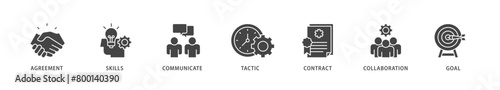 Negotiation icons set collection illustration of skills, communicate, tactic, contract, and goal icon live stroke and easy to edit 