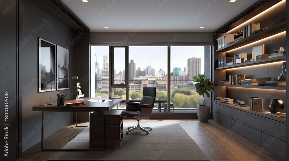 A sleek home office with a built-in desk, floating shelves, and floor-to-ceiling windows.
