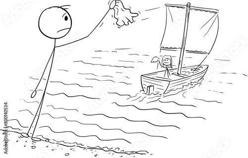 Boat sails away with woman, man waves and say goodbye, vector cartoon stick figure or character illustration.