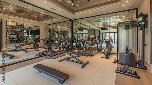 A stylish home gym with mirrored walls, cardio equipment, and weightlifting stations.