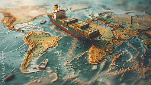 Container ship model on world map, transcontinental transportation or globalization concept image photo