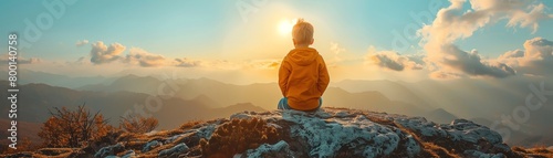 A boy sits on a rock outcropping looking at a beautiful mountain landscape with the sun rising over the horizon photo