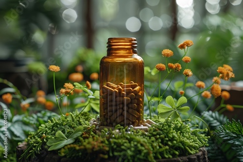 A bottle of herbal medicine offers natural therapy with the essence of blooming chamomile and calendula flowers, promoting wellness and relaxation.
