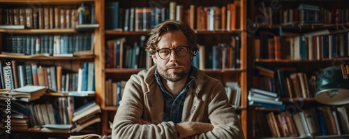Portrait of a Caucasian writer posing in his library
