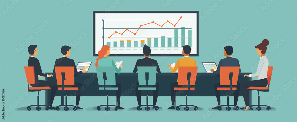 **Business team working together at a meeting table with an arrow graph and growth chart on a blue background vector illustration, in the style of flat design. The illustration depicts a stock photo. **Business team working together at a meeting table with an arrow graph and growth chart on a blue background vector illustration, in the style of flat design. The illustration depicts a stock photo.