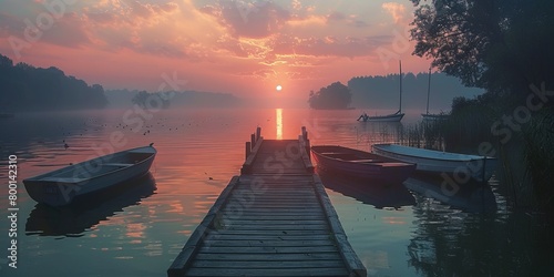 sunset over a pier on with boats on a lake photo