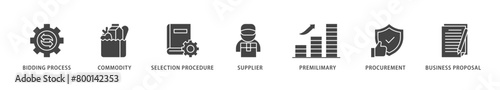 Rfp icons set collection illustration of business proposal, supplier, procurement, premilimary, selection procedure, commodity, bidding process icon live stroke and easy to edit 