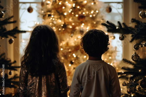 子供, 男の子, 女の子, 子供の後ろ姿, クリスマス, クリスマスツリー, デコレーション, 祝い, children, boy, girl, children's back, christmas, christmas tree, decorations, celebration