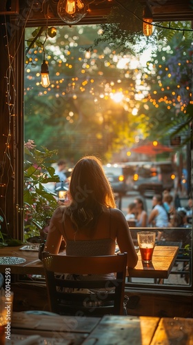 Young girl in restaurant on outdoor patio in summer.