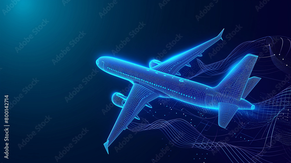 3d Digital neon futuristic airplane. Future aviation, modern technology, air transport concept, travel concept Low poly blue wireframe. 3d Digital neon futuristic airplane. Future aviation, modern technology, air transport concept, travel concept Low poly blue wireframe.