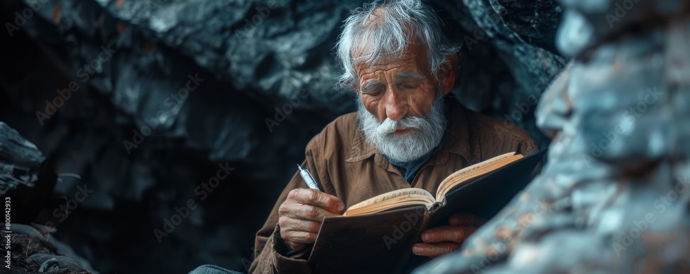 Fototapeta premium Old man writing his memoir journal in a dark cave.