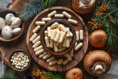 Nutritional Supplements with Natural Mushrooms and Herbal Ingredients on Wooden Table photo
