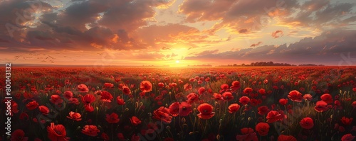 Breathtaking landscape of a poppy field at sunset with the sun dipping low on the horizon, casting a warm glow over the vibrant red flowers #800143132