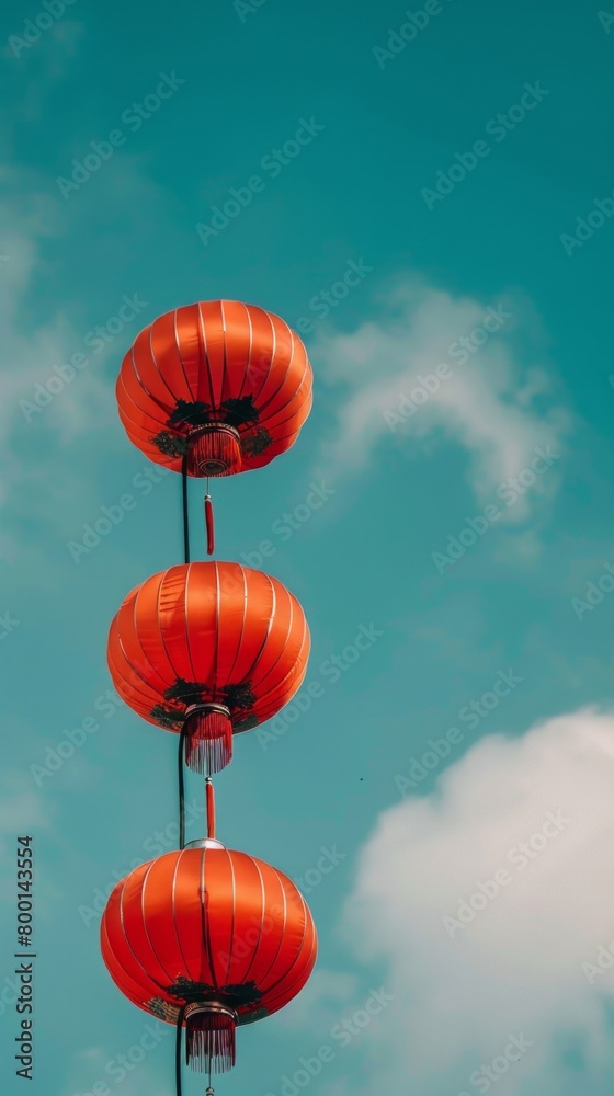 Fototapeta premium Chinese lanterns standing with blue sky