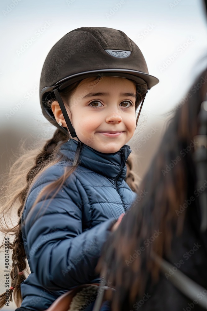 a little girl is learning to ride a horse. selective focus a little girl is learning to ride a horse. selective focus
