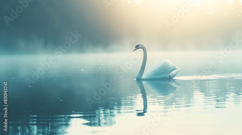  A serene image of a majestic white swan gliding across a calm lake at dawn  with ample copy space in the soft-focus background