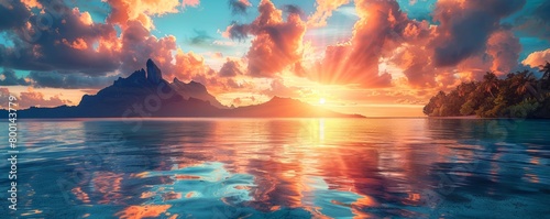 Paradise get-away Environment in Bora Bora. Tourism wallpaper with Majestic Sunrise Beach.