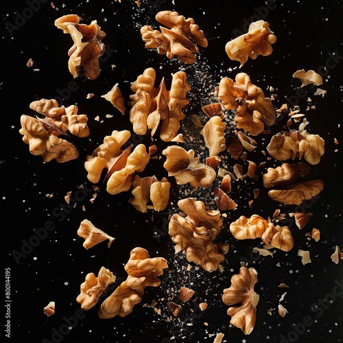 A handful of walnuts exploding out of a black background.