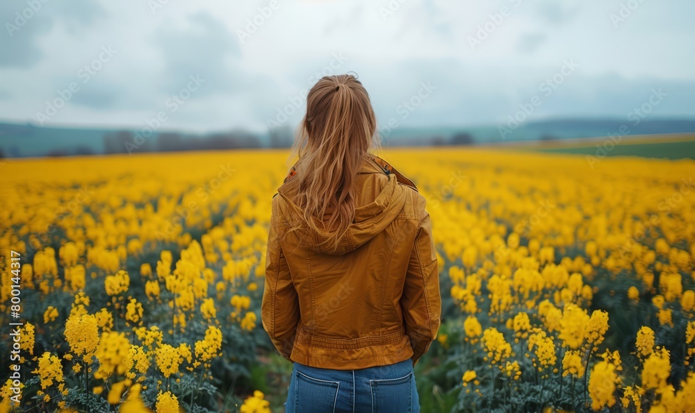 Fototapeta premium Woman with hands in pockets standing in rapeseed field