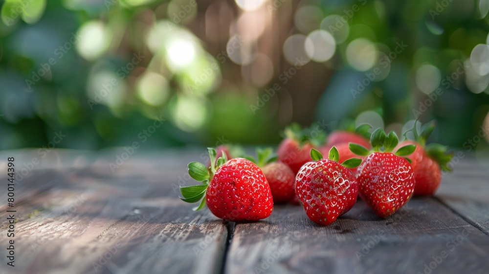 Closeup view of tasty strawberries on the wooden table in the garden