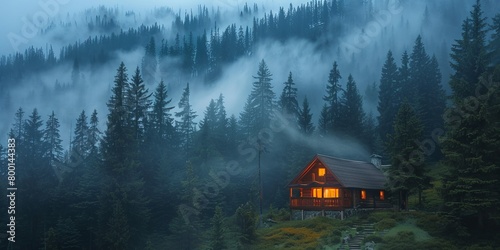 Illuminated Wooden house in the forest with the foggy mountains in the background