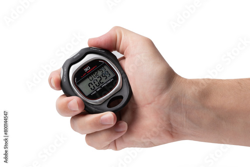Hand holding a stopwatch isolated on white background.