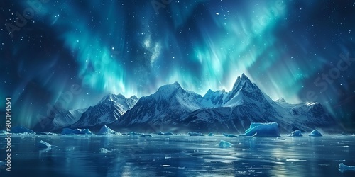 Blue Aurora Borealis over Rocky Mountains. Magical Northern Lights Background with copy-space.