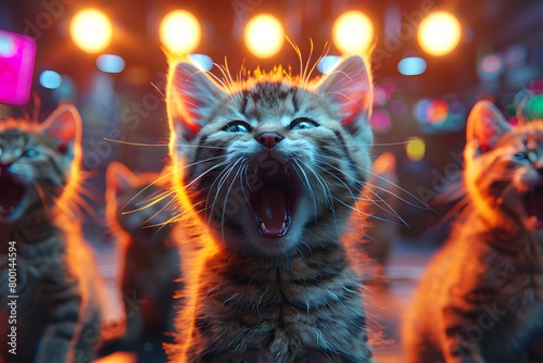 Excited Kittens Enjoying a Vibrant Neon Nightlife Scene