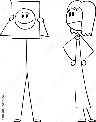 Man shows or hides his real emotion smile, woman is looking, vector cartoon stick figure or character illustration.