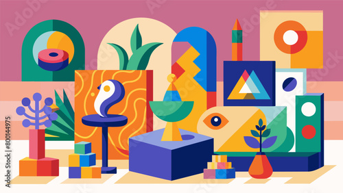 A vibrant collection of abstract paintings and sculptures produced by artists with dyslexia and dyscalculia showcasing their unique perspectives and. Vector illustration