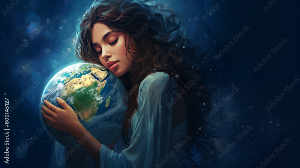 Naklejka premium young woman hugging planet earth, love and protection for the earth 