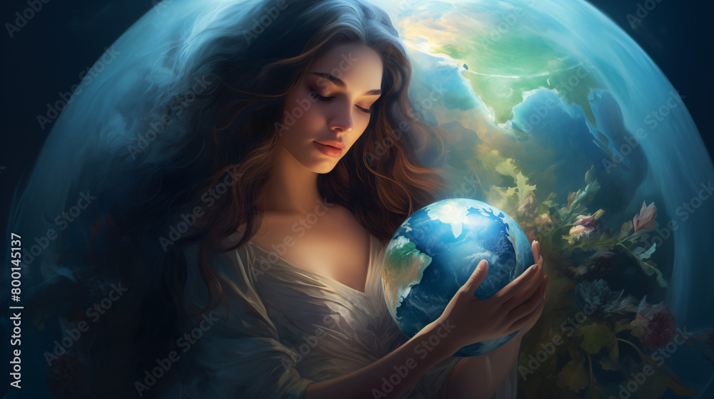 Naklejka premium young woman hugging planet earth, love and protection for the earth 