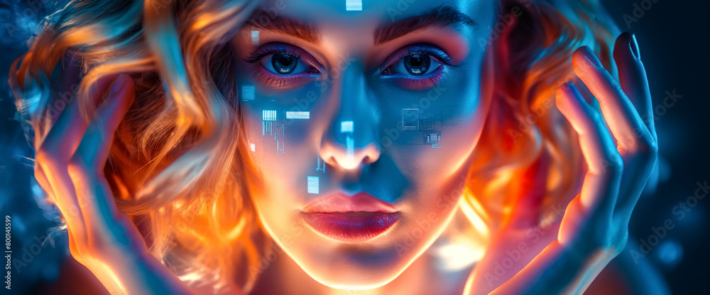 Woman's gaze with cybernetic reflections, symbolizing the fusion of humanity and advanced technology. Futuristic, cyberpunk or sci-fi aesthetic.