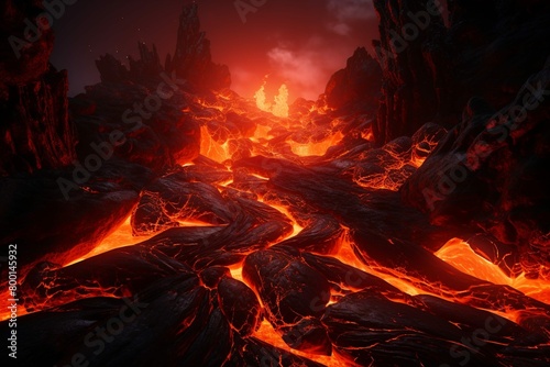 Flowing lava flow with glowing fire fiery steps lead 3D scene lava flowing stones 2