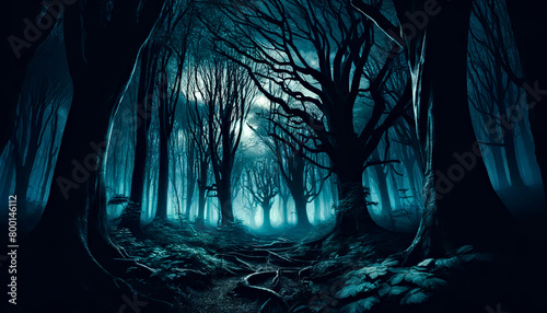 Haunting path winds through a mist forest of twisted trees. Ghotic forest. photo