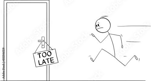 Person running for opportunity but it is too late, vector cartoon stick figure or character illustration.