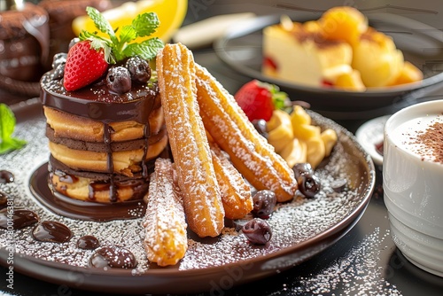 Indulgent Mexican desserts such as churros with chocolate dipping sauce, tres leches cake, flan, and Mexican chocolate desserts, satisfying your sweet tooth with rich flavors and textures.  photo