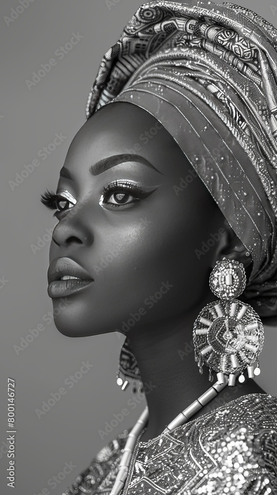 black and white portrait of young African female in traditional clothes with silver ornament and accessories