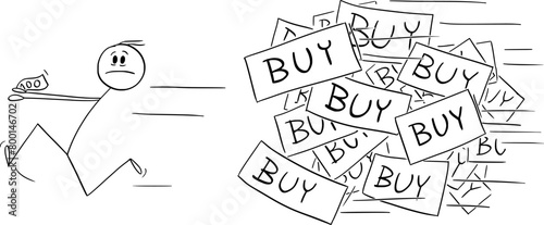 Customer running overwhelmed with offers to buy goods, vector cartoon stick figure or character illustration.