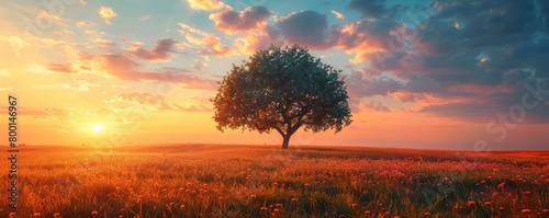 lonely tree in field at sunset #800146967