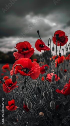 red poppies in the field. background imagery for remembrance or armistice day on 11 of november. dark clouds on the sky. selective color